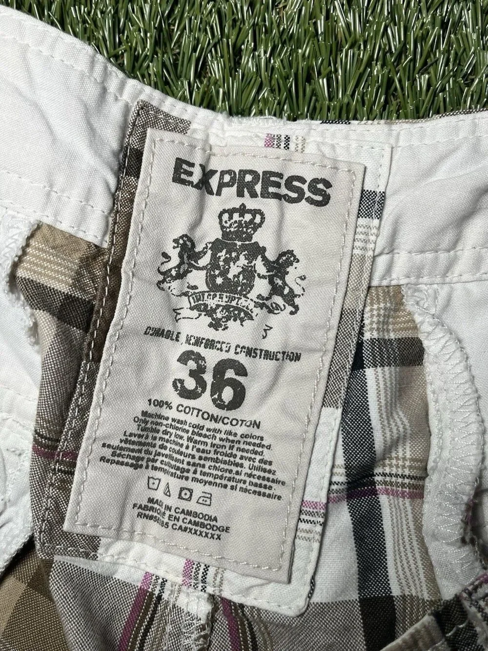 Express Plaid Chino Men's Shorts, Cotton, Brown Beige Pink White, Button Size 36